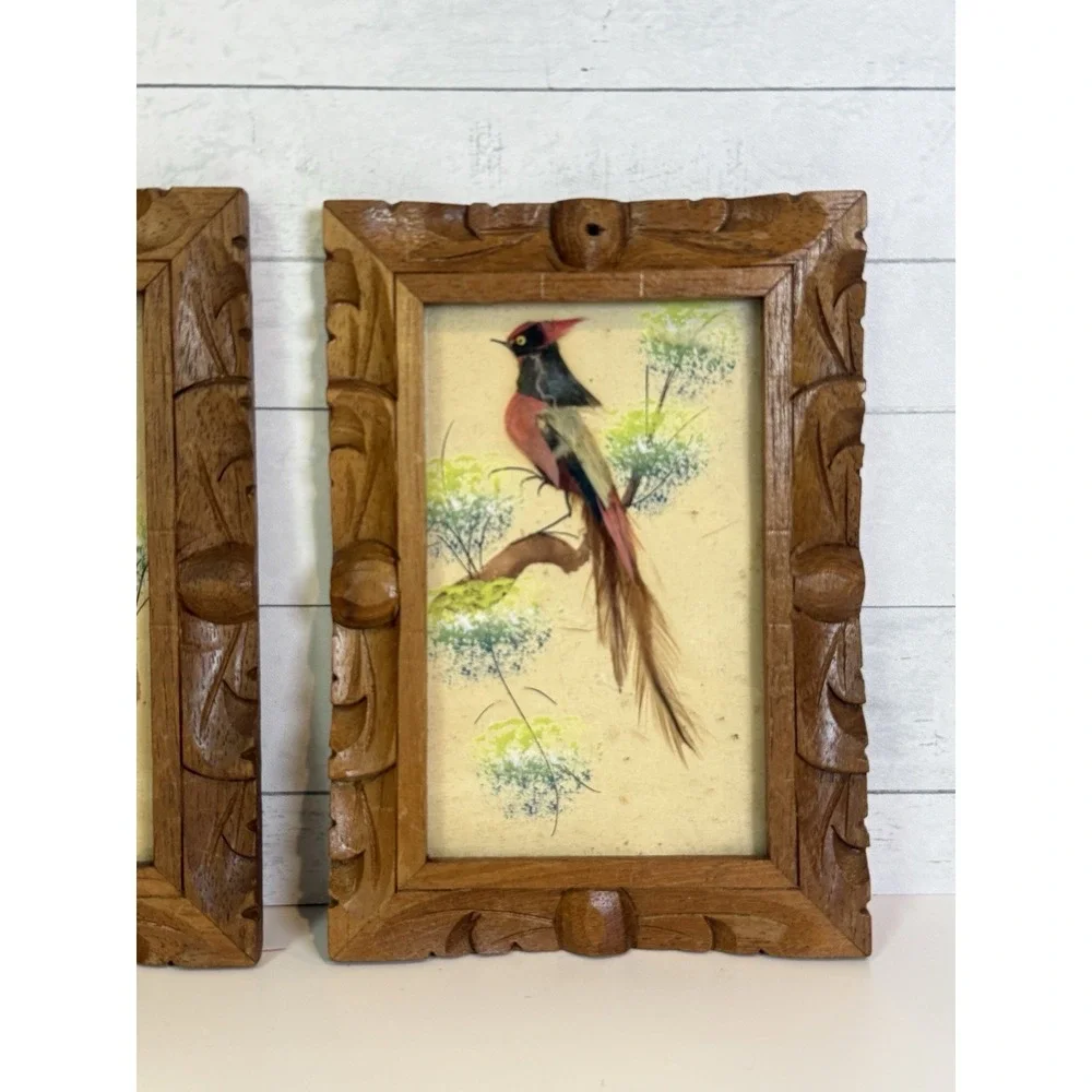 Vintage Set of 2 Feather Bird Art Pictures Carved Wood Frames Mexico